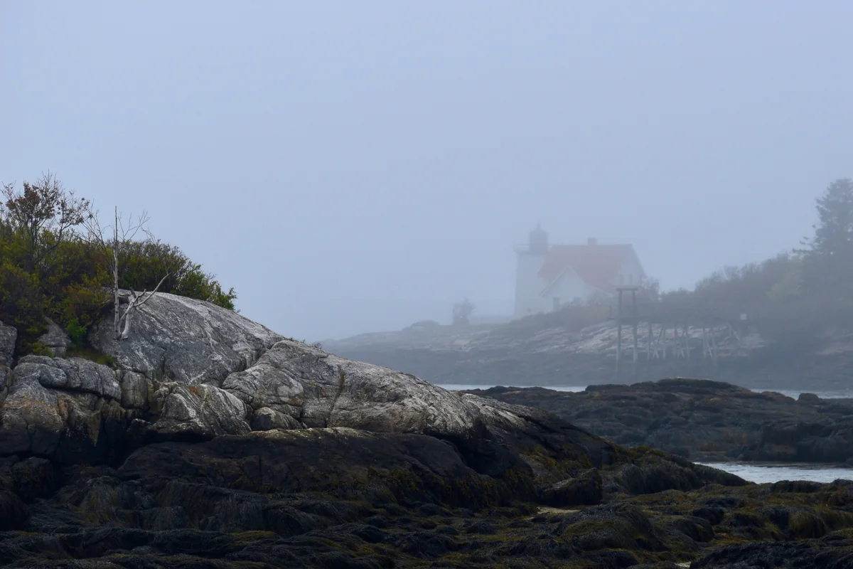Hendricks Head Light in the fog, Southport, Maine